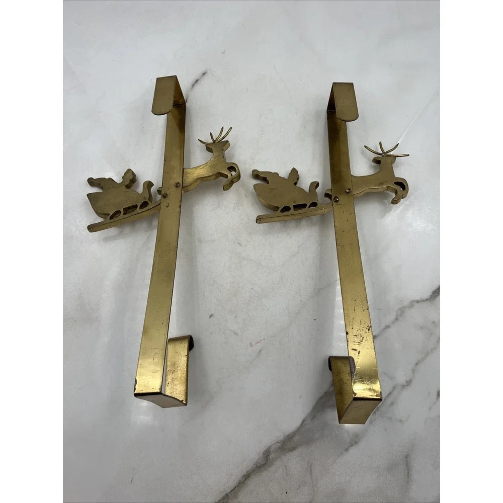 VTG Brass WREATH Hanger Over Door Reindeer Santa Sleigh Christmas Gold India x2